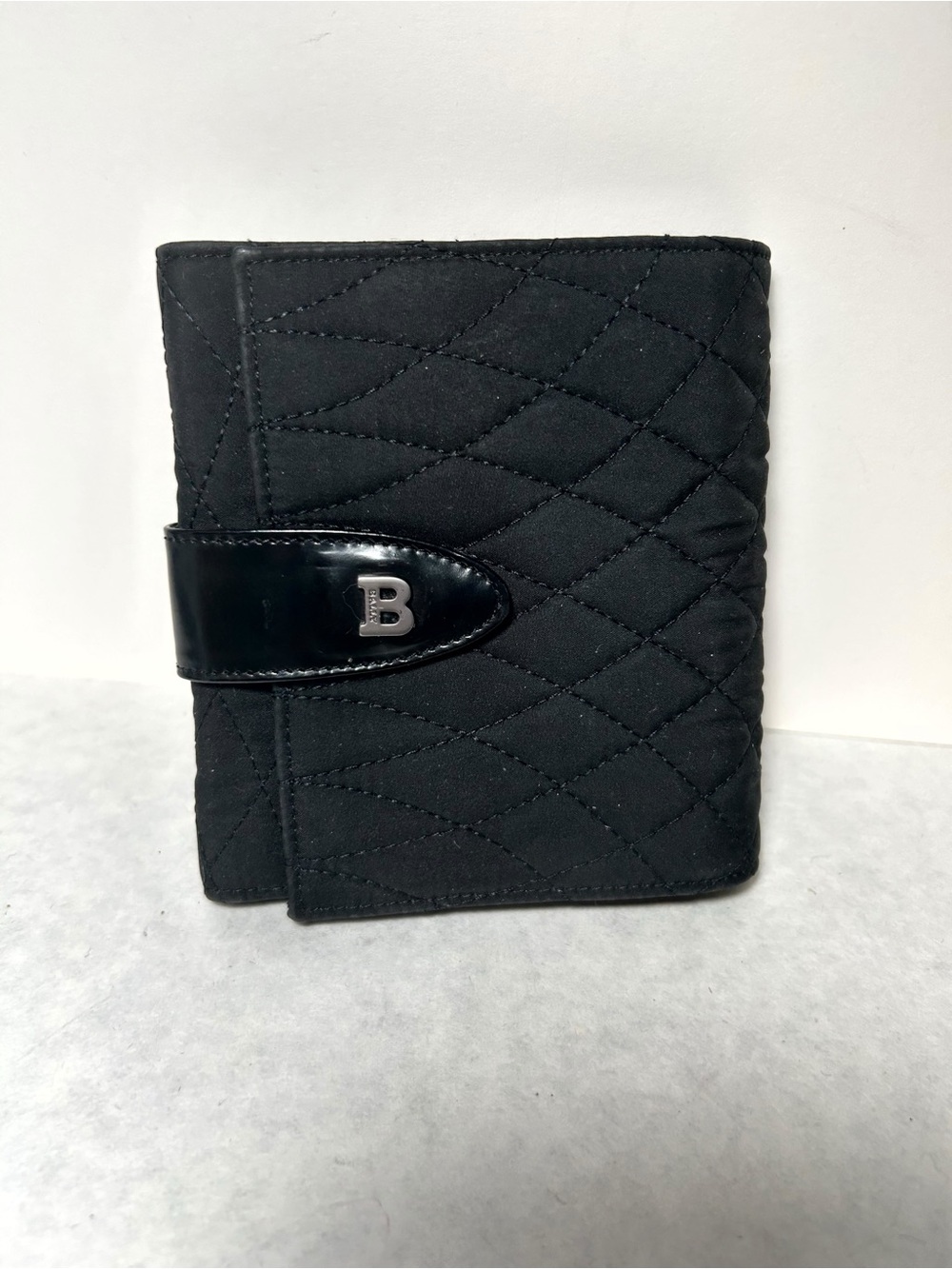 Vintage Bally Quilted Black Compact Trifold Wallet, Patent Leather Snap Closure